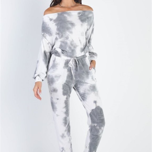 Charcoal Tie-Dye Off-The-Shoulder Top High Waist Pants Set - Picture 2 of 9